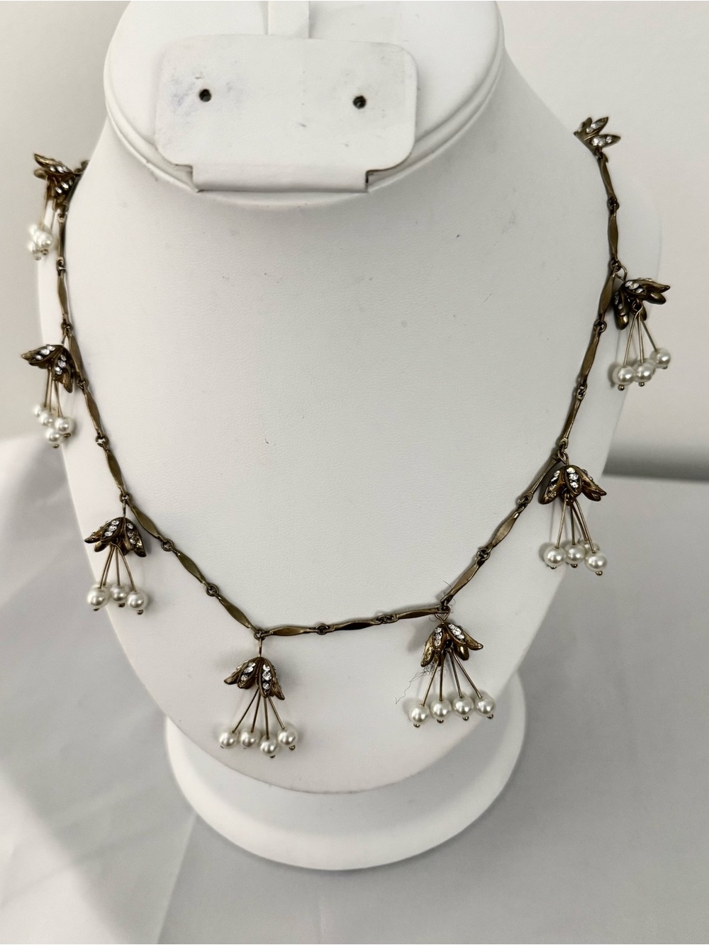 Mythologie Faux Pearl Rhinestone Floral Dangle Antique Gold Statement Necklace